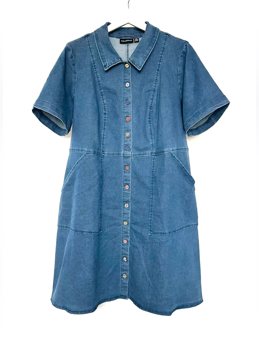 Nina Leonard Denim Button-Front Dress in Medium Blue